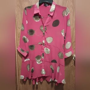 Lior Paris Button Down Shirt Peplum Top Abstract Print Red Tan Hi Low Sz Small